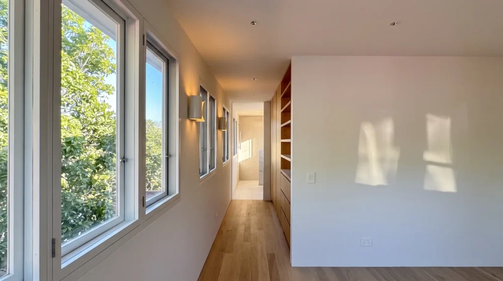 Freshly painted white hallway interior with oak joinery in an Inner West Sydney home by AKD Painting