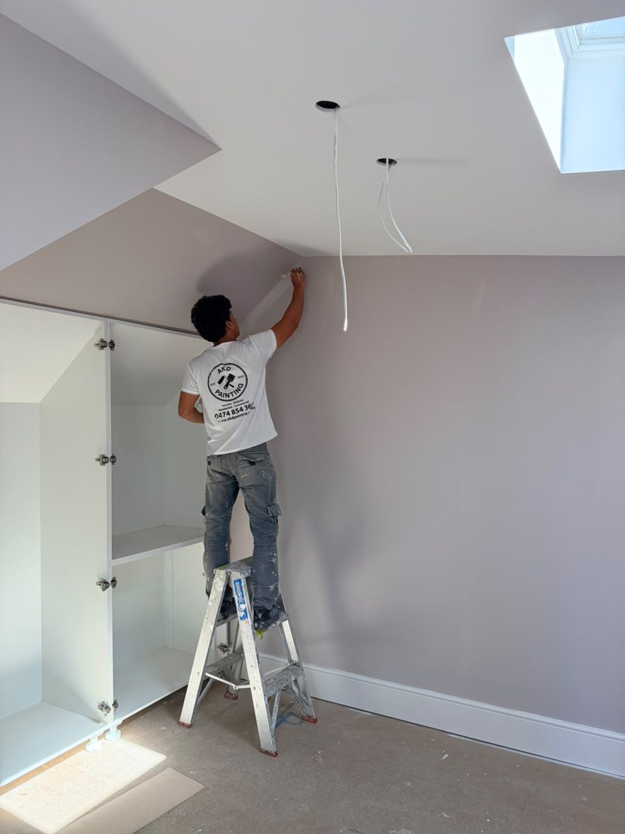 AKD painter on a ladder painting the raked ceiling beside built-in wardrobes and a skylight in an Annandale attic