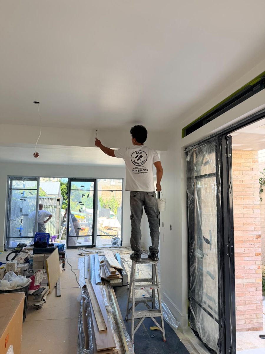 AKD painter on a ladder painting the extension ceiling in Annandale before the joinery went in, black-framed doors masked