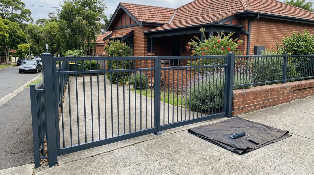 Galvanised steel double gate and fence in a fresh dark grey finish at a brick Sydney home