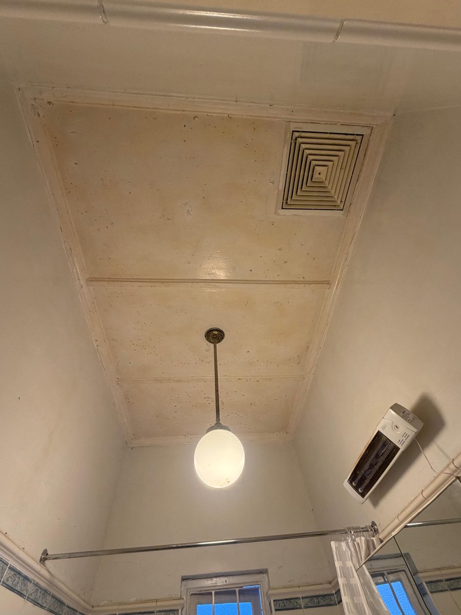 Stained and yellowed bathroom ceiling in a Five Dock Federation home before painting