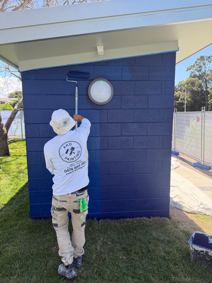 AKD painter rolling navy on the end wall of a Marrickville amenities block with an extension pole