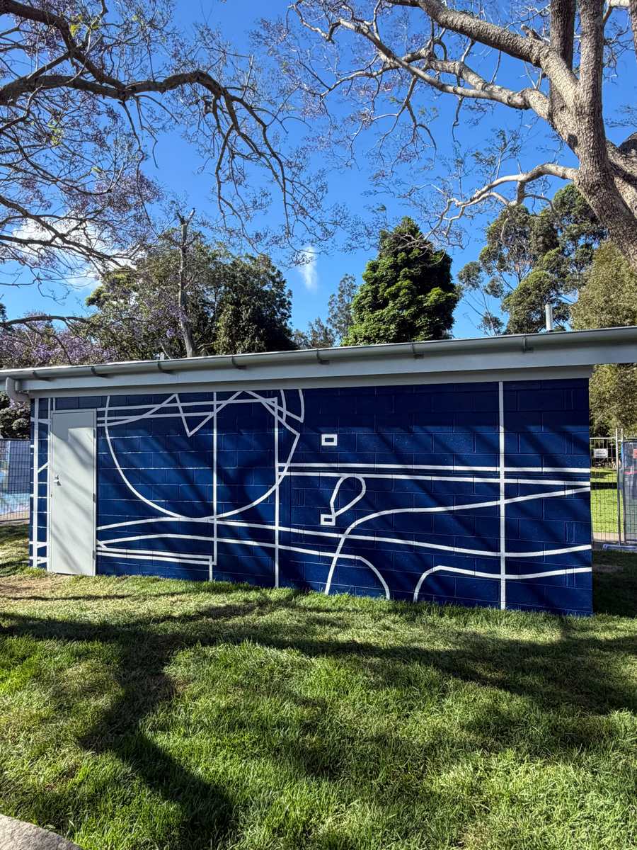 Finished park amenities block in Marrickville painted navy with white linework, seen across the grass