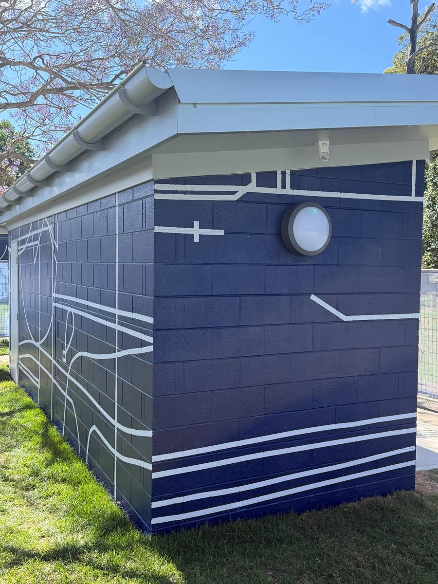The same end wall of the Marrickville amenities block finished in navy with white linework